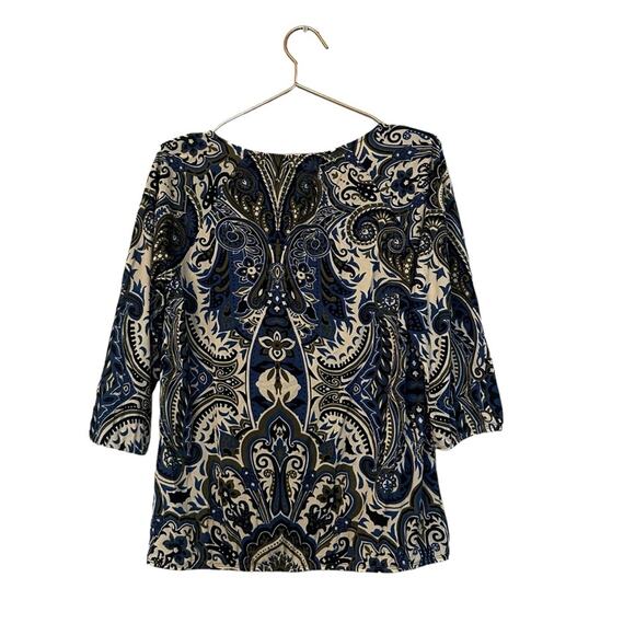 Chico’s size 1 medium Women Pullover sequins Paisley Top blouse - Picture 5 of 5